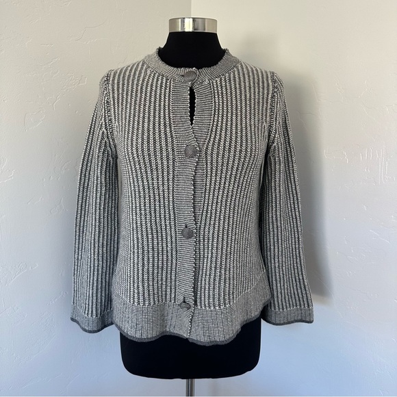 St. John Gray Wool Blend Striped Knit Button Up Cardigan Size M - Picture 3 of 16